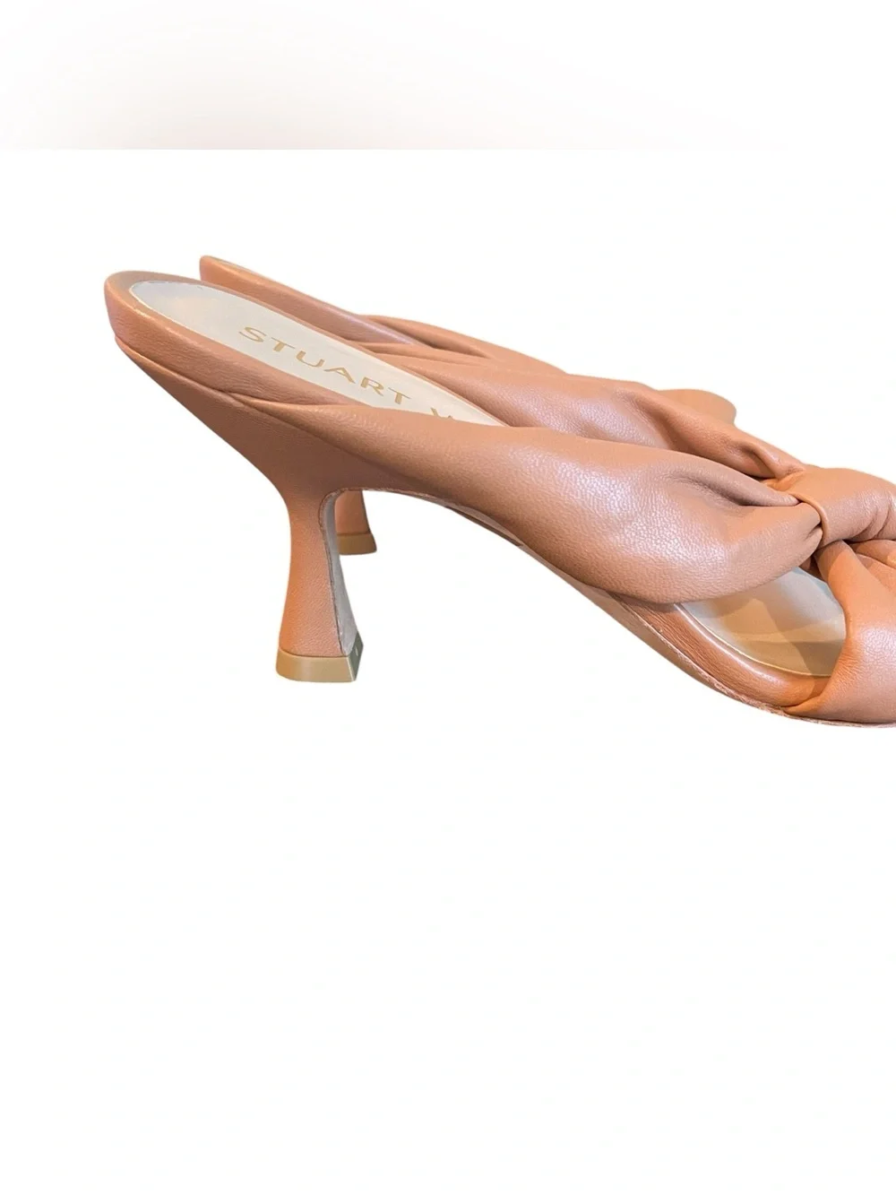 Stuart Weitzman Playa 75 Knot Leather Sandals Tan Square Toe Heels Women Size 7